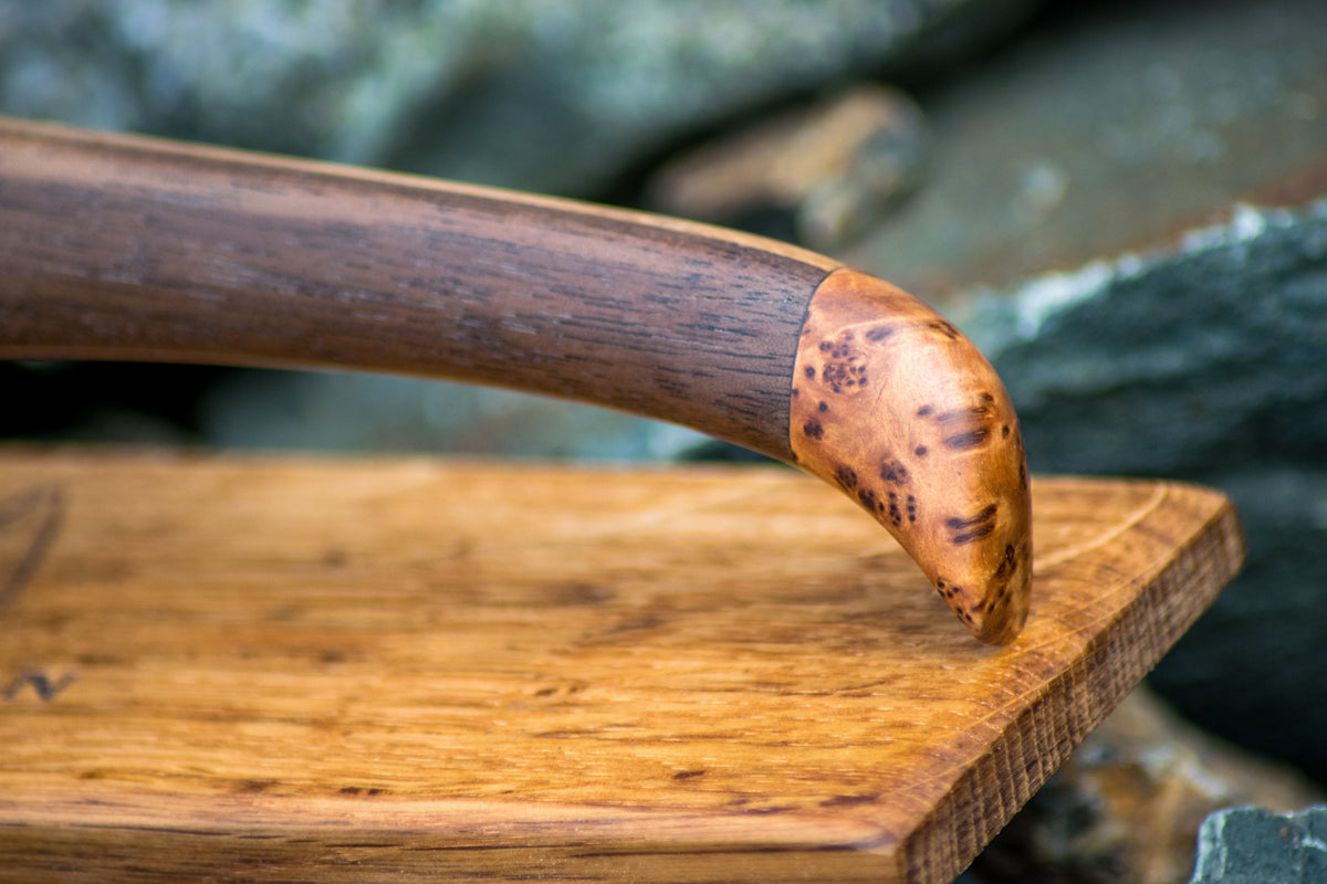 Bowman Lithics Signature Knife #022 – Mahogany Obsidian with Walnut, Oak & Thuya Burl Handle