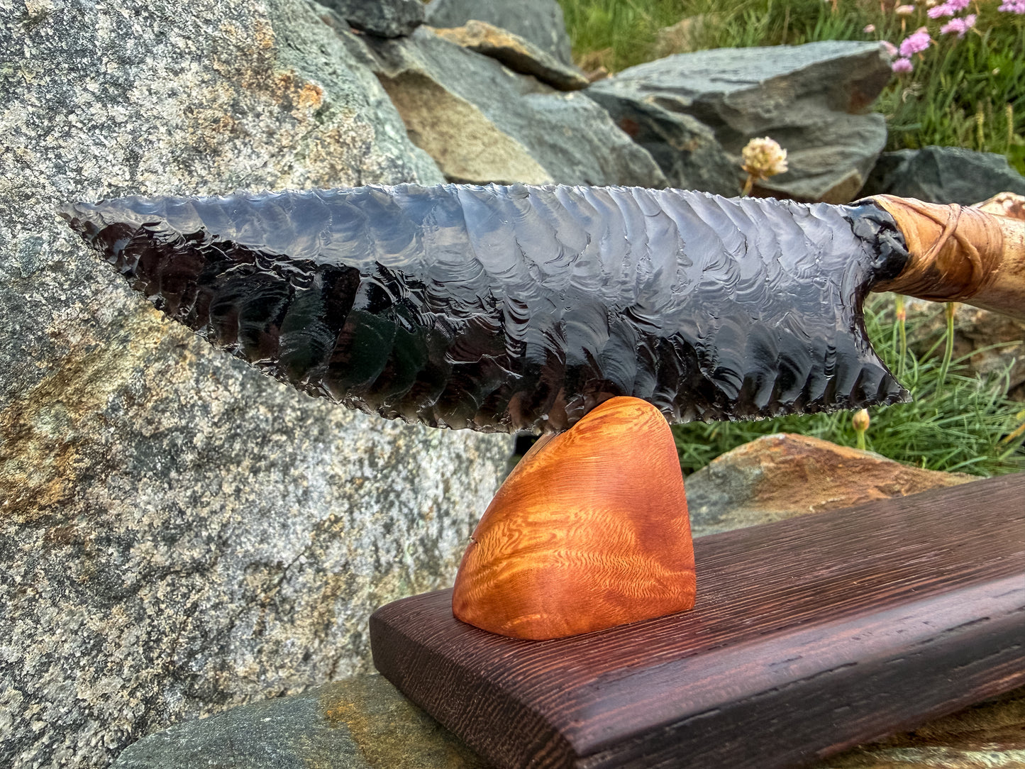 Bowman Lithics Signature Knife #013 – Velvet Rainbow Obsidian Tanged Blade with Scottish Red Deer Antler Handle