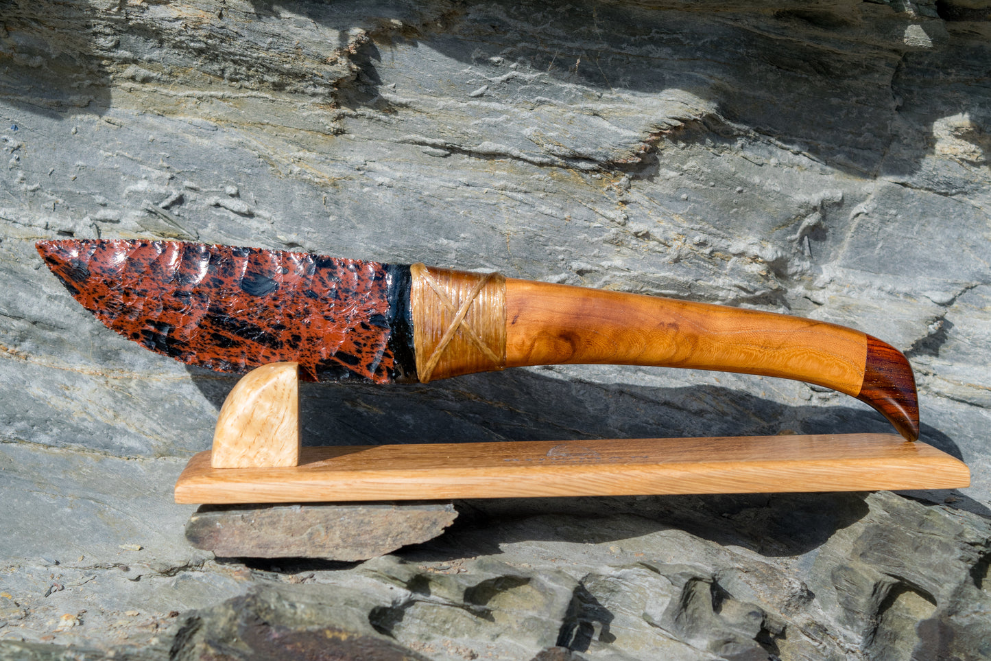 Bowman Lithics Signature Knife #018 – Mahogany Obsidian with Wych Elm, Walnut & Cocobolo Handle