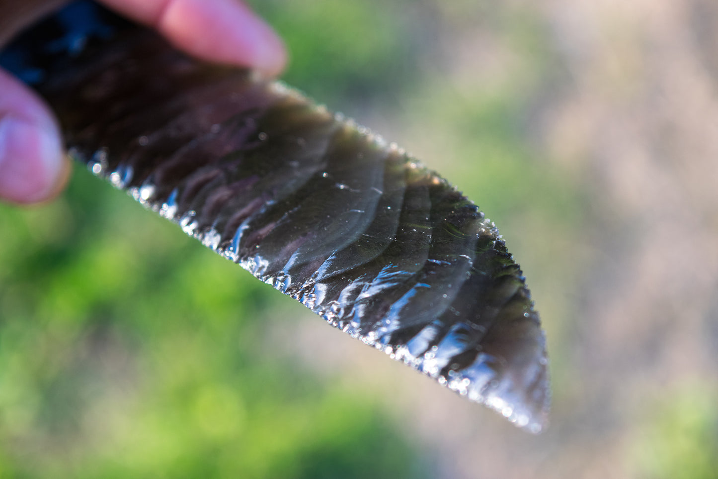 Bowman Lithics Signature Knife #017 – Rainbow Obsidian with English Oak, Australian Maple & Ebony