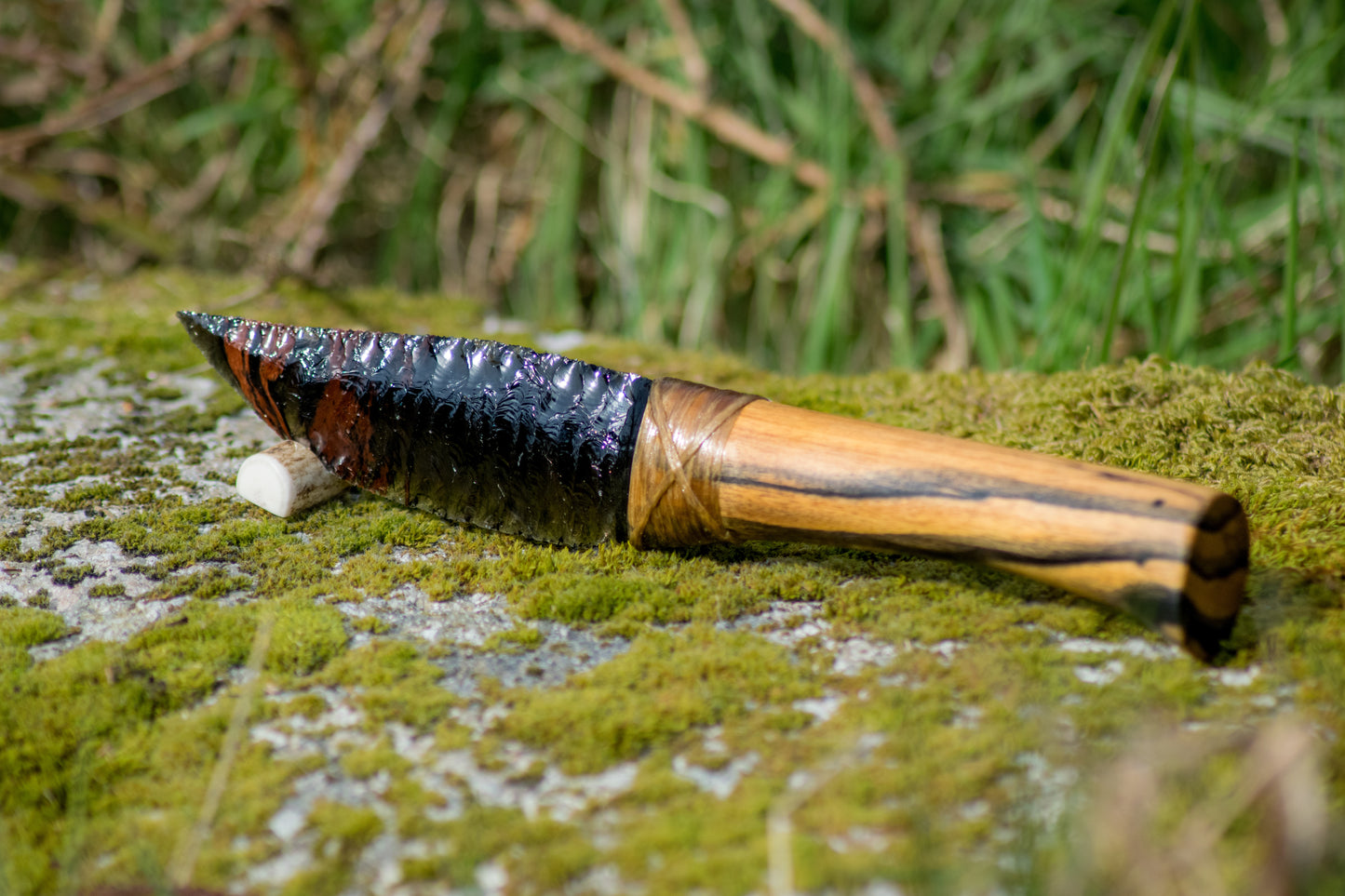 Bowman Lithics Signature Knife #010 – Midnight Lace Obsidian Blade with Pale Moon Ebony Handle