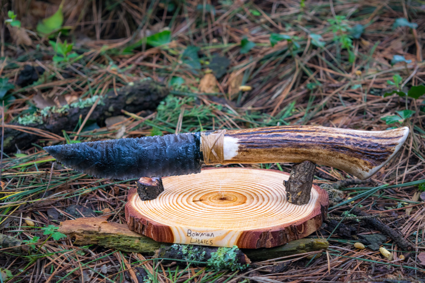 Bowman Lithics Signature Knife #007 – Rainbow Obsidian Straight Back Blade with Red Deer Antler Handle
