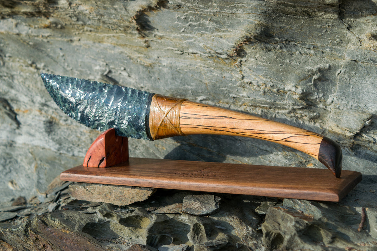 Bowman Lithics Signature Knife #019 – Spiderweb Obsidian with Spalted Beech, Walnut & Ebony Handle