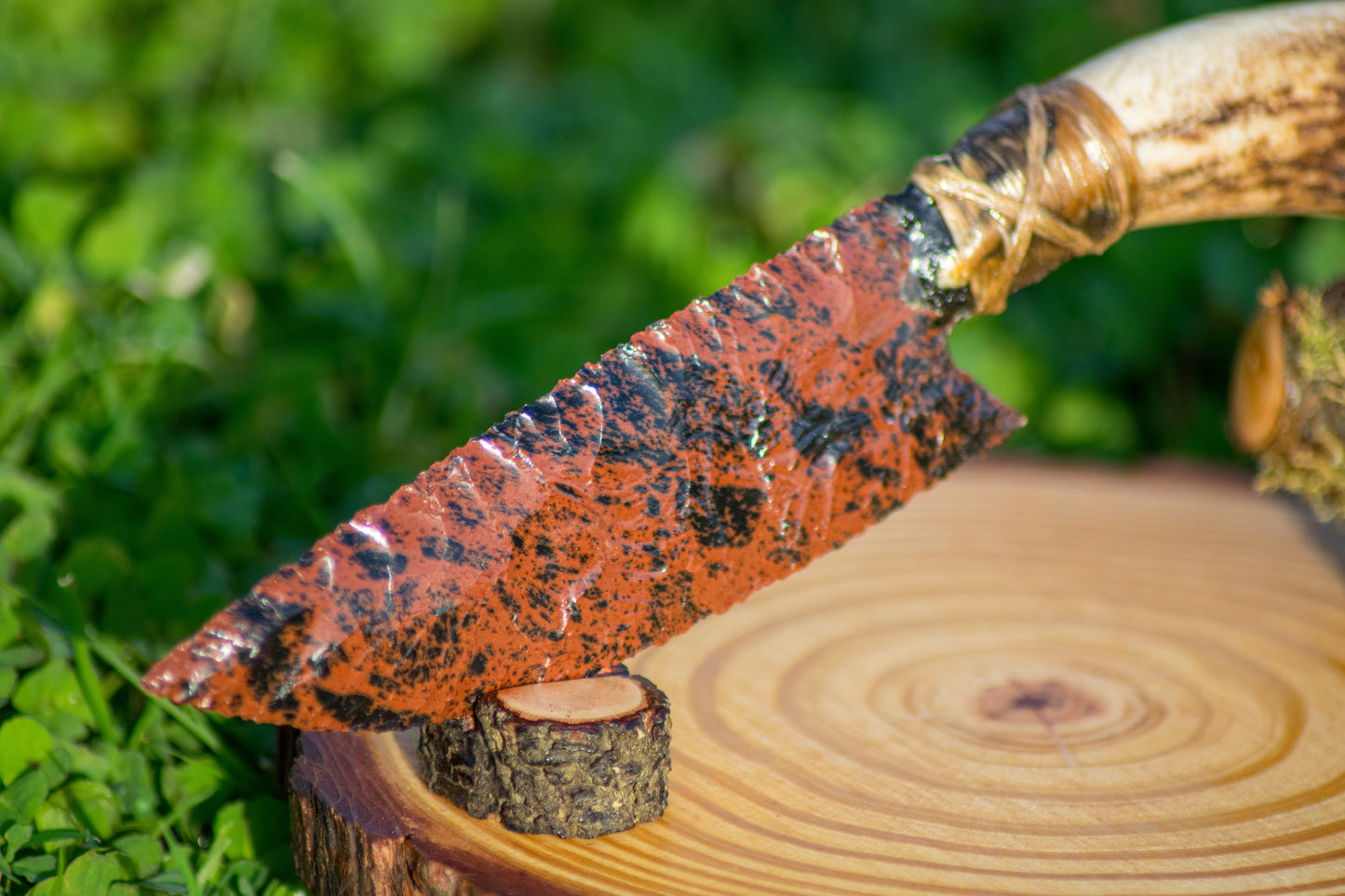 Bowman Lithics Signature Knife #003 – Mahogany Obsidian Tanged Blade with Red Deer Horn Handle