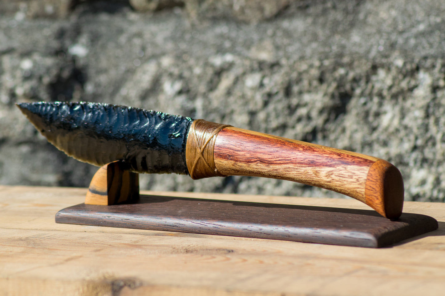 Bowman Lithics Signature Knife #015 – Gold Sheen Obsidian with Oak, Padauk & Rosewood Handle