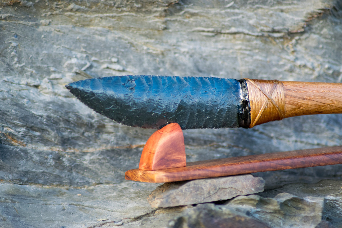 Bowman Lithics Signature Knife #016 – Green Sheen Obsidian with Solid Oak Handle