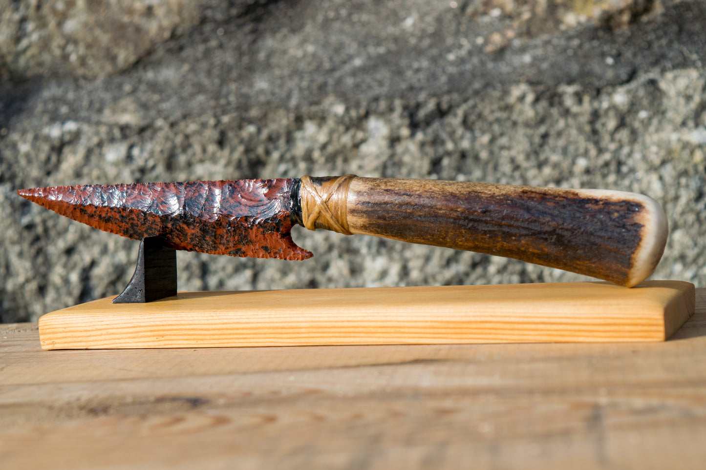 Bowman Lithics Signature Knife #005 – Mahogany Obsidian Straight Back Blade with Red Deer Antler Handle