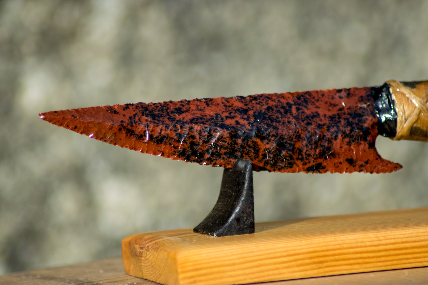 Bowman Lithics Signature Knife #005 – Mahogany Obsidian Straight Back Blade with Red Deer Antler Handle