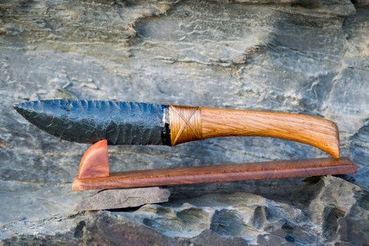 Bowman Lithics Signature Knife #016 – Green Sheen Obsidian with Solid Oak Handle