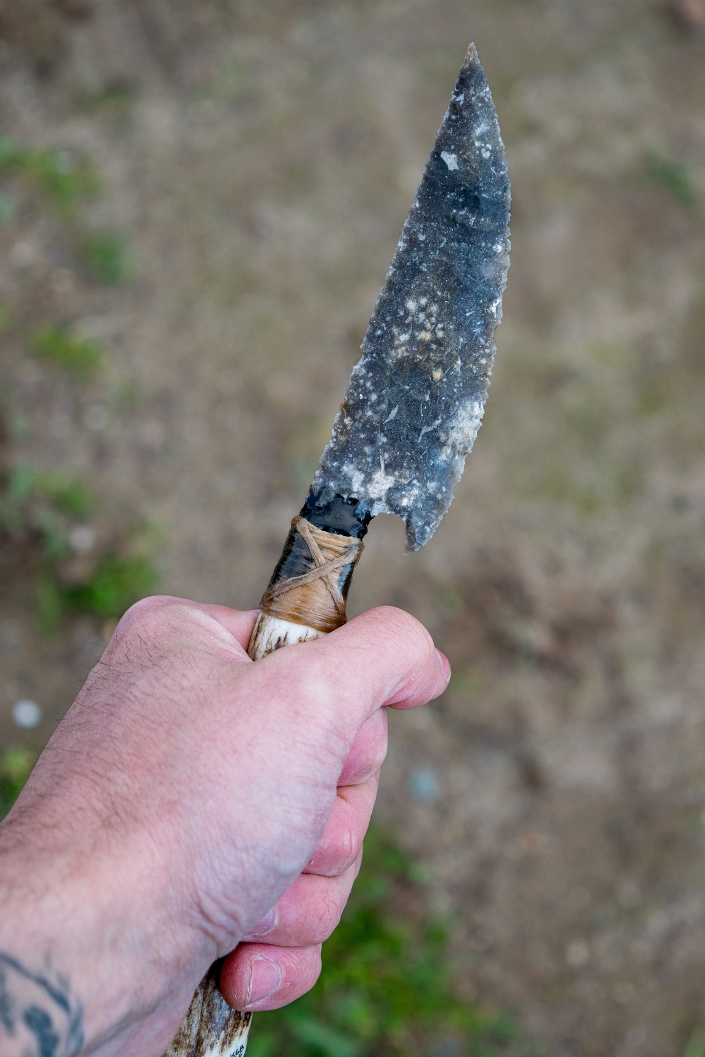 Bowman Lithics Signature Knife #009 – Charmouth “Galaxy” English Flint Tanged Blade with Scottish Red Deer Antler Handle