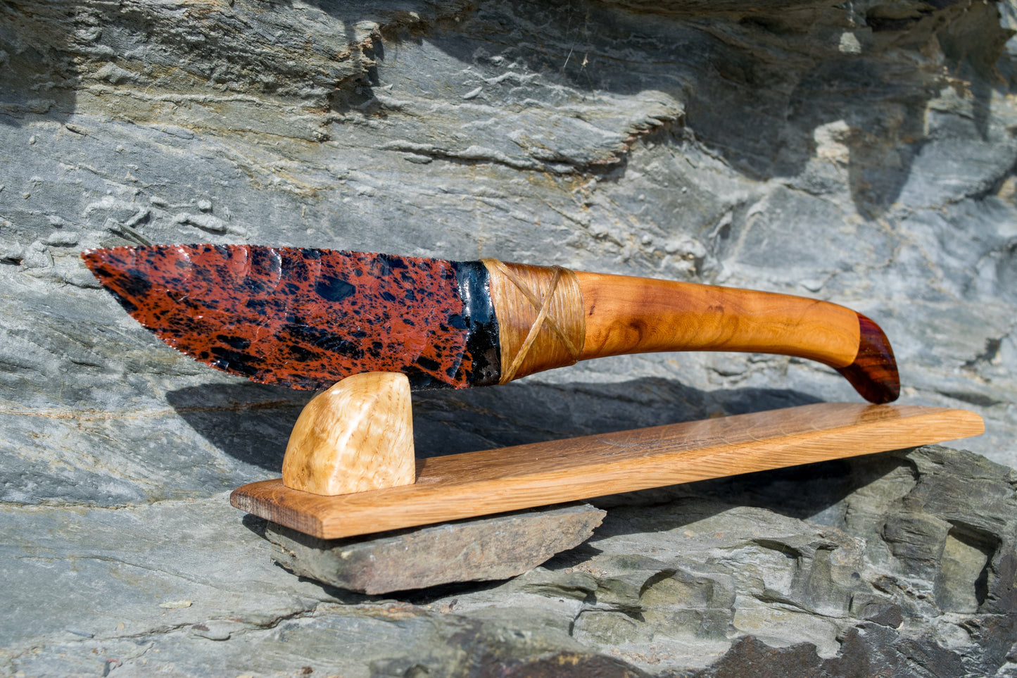 Bowman Lithics Signature Knife #018 – Mahogany Obsidian with Wych Elm, Walnut & Cocobolo Handle