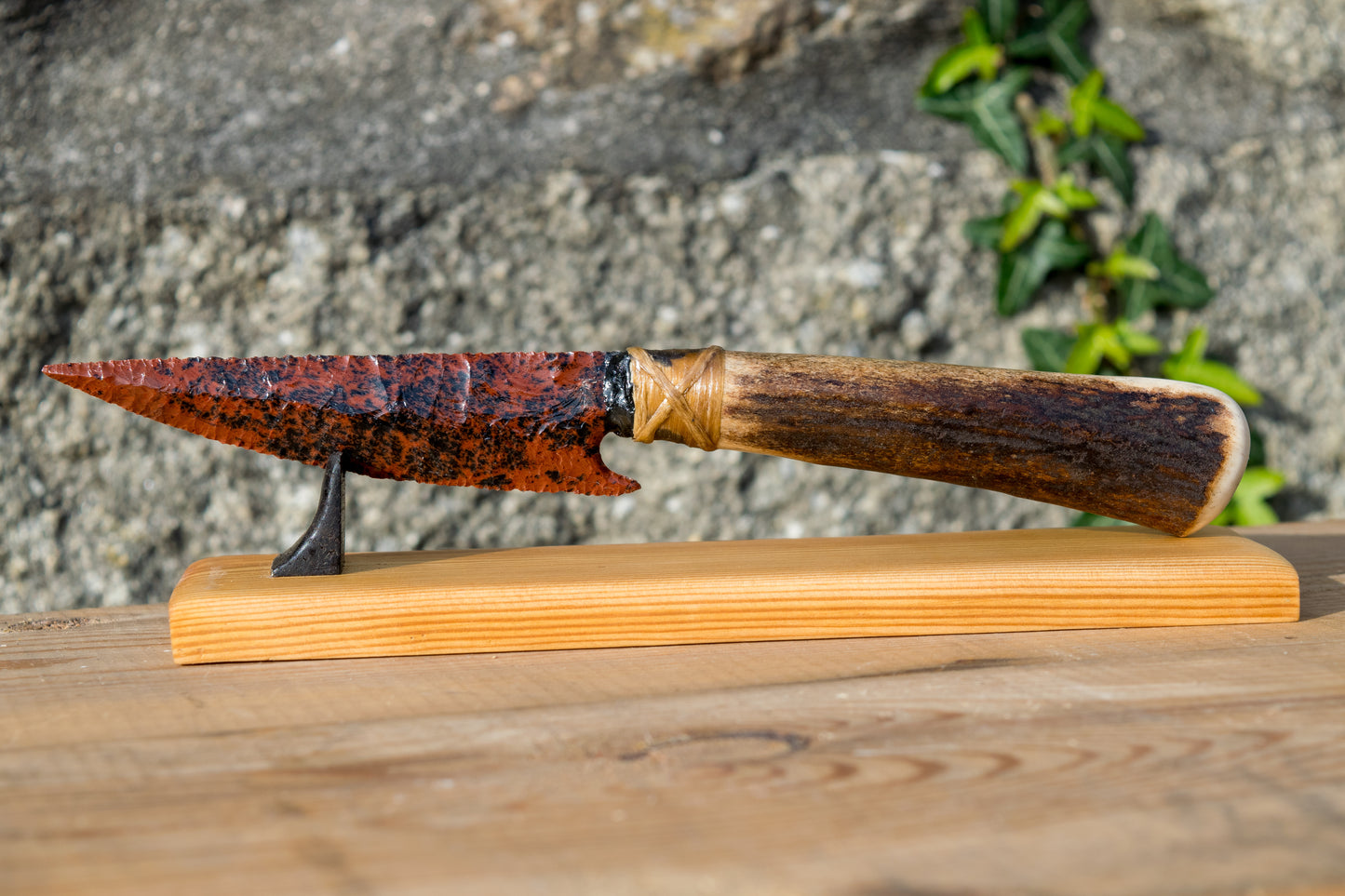 Bowman Lithics Signature Knife #005 – Mahogany Obsidian Straight Back Blade with Red Deer Antler Handle