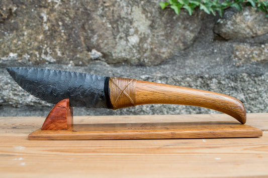 Bowman Lithics Signature Knife #023 – Green Sheen Obsidian with 400 Year Old German Oak Handle