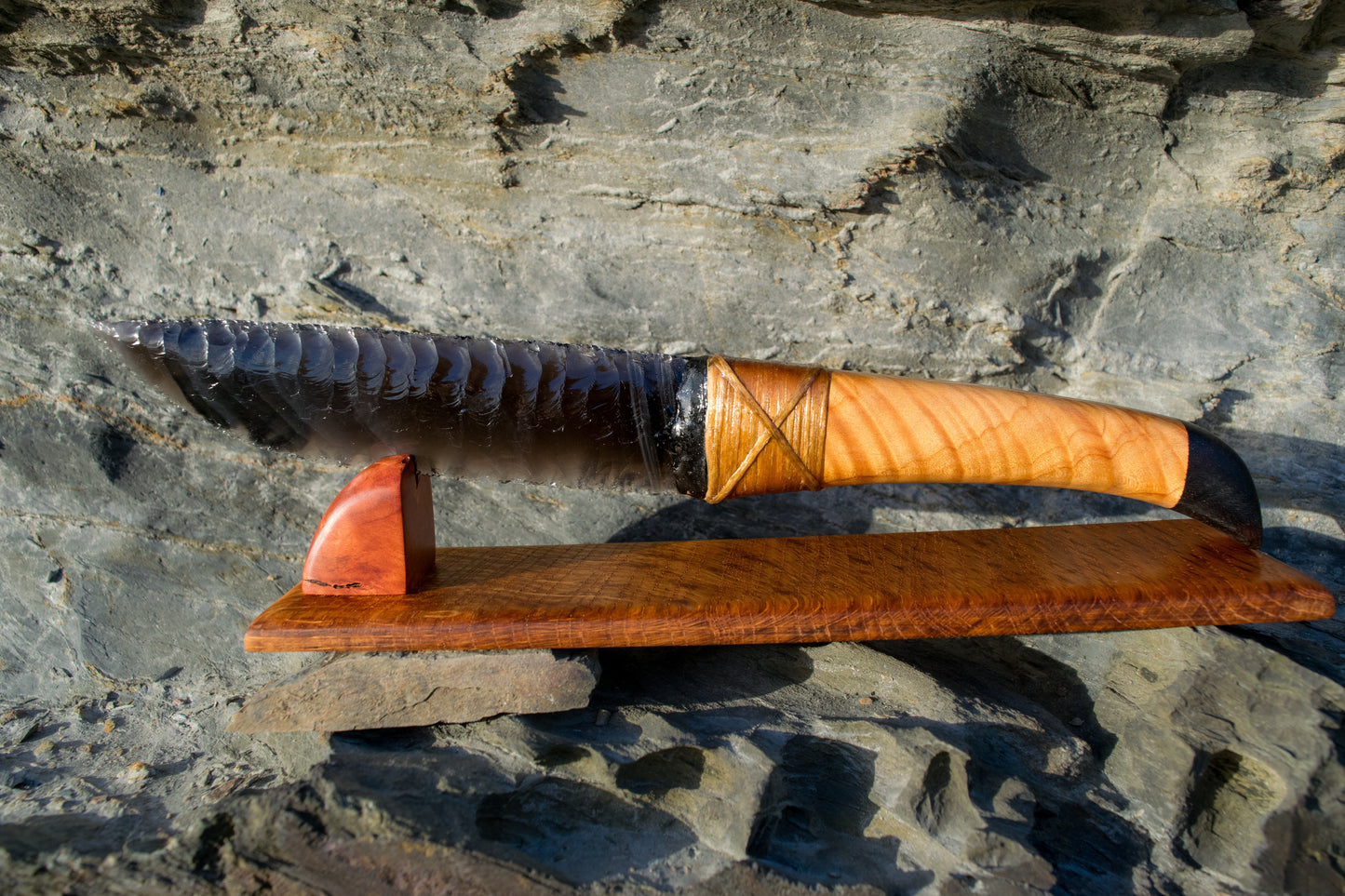 Bowman Lithics Signature Knife #017 – Rainbow Obsidian with English Oak, Australian Maple & Ebony