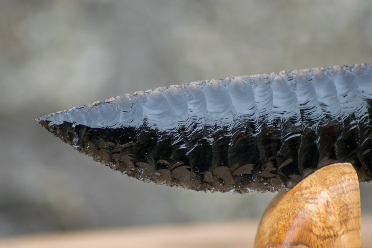 Bowman Lithics Signature Knife #024 – Black Obsidian with Custom Engraved Scottish Red Deer Antler Handle