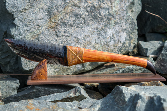 Bowman Lithics Signature Knife #021 – Midnight Lace Obsidian with Tulip, Oak & Burl Handle