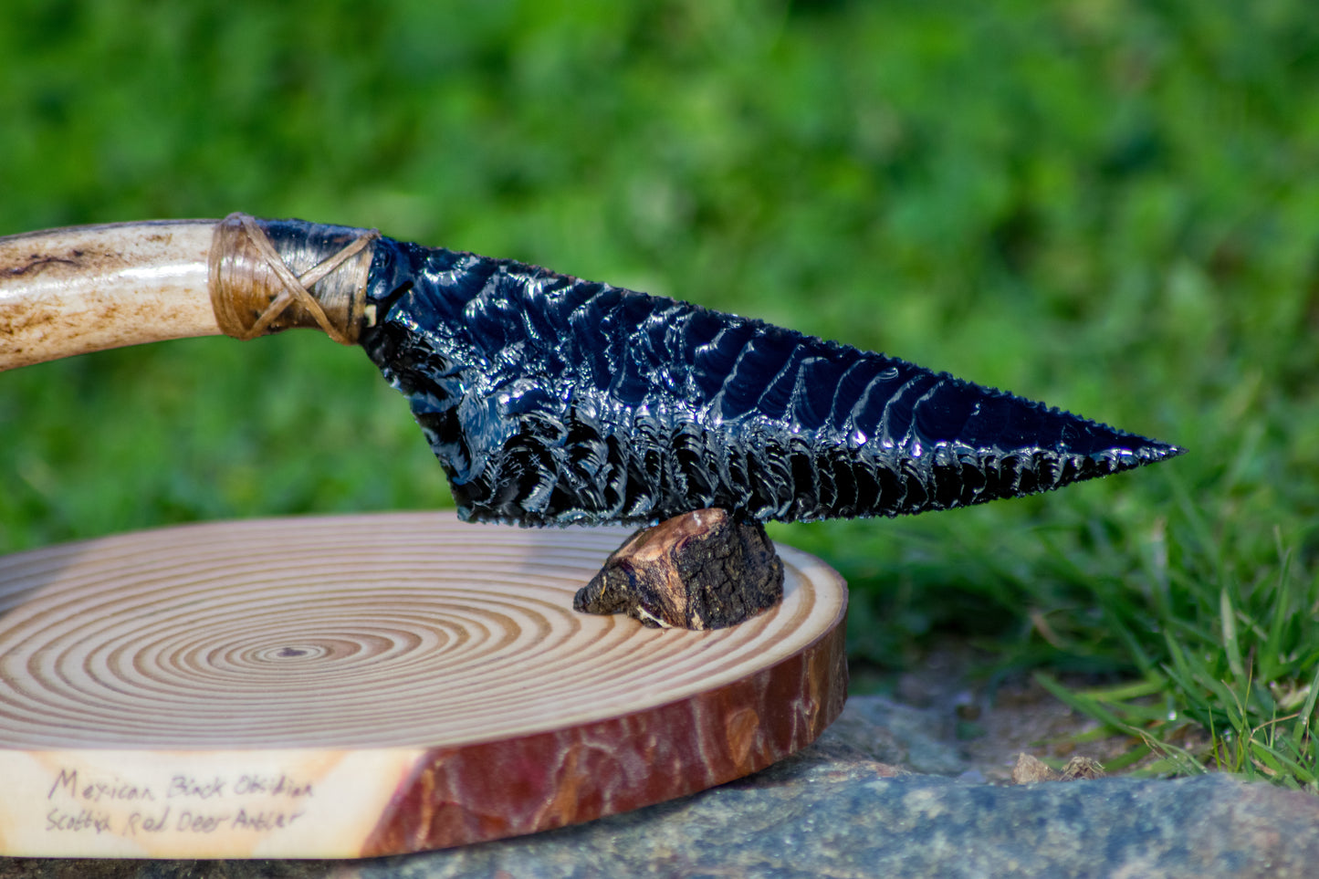 Bowman Lithics Signature Knife #006 – Mexican Black Obsidian Tanged Blade with Scottish Red Deer Antler Handle