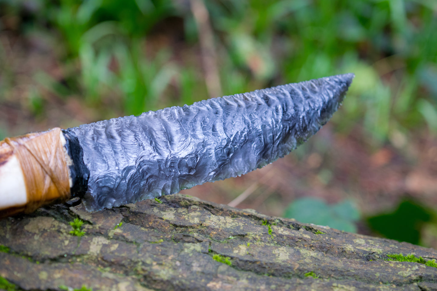 Bowman Lithics Signature Knife #007 – Rainbow Obsidian Straight Back Blade with Red Deer Antler Handle