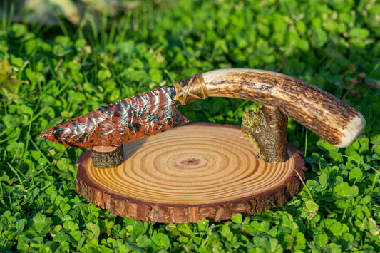 Bowman Lithics Signature Knife #003 – Mahogany Obsidian Tanged Blade with Red Deer Horn Handle