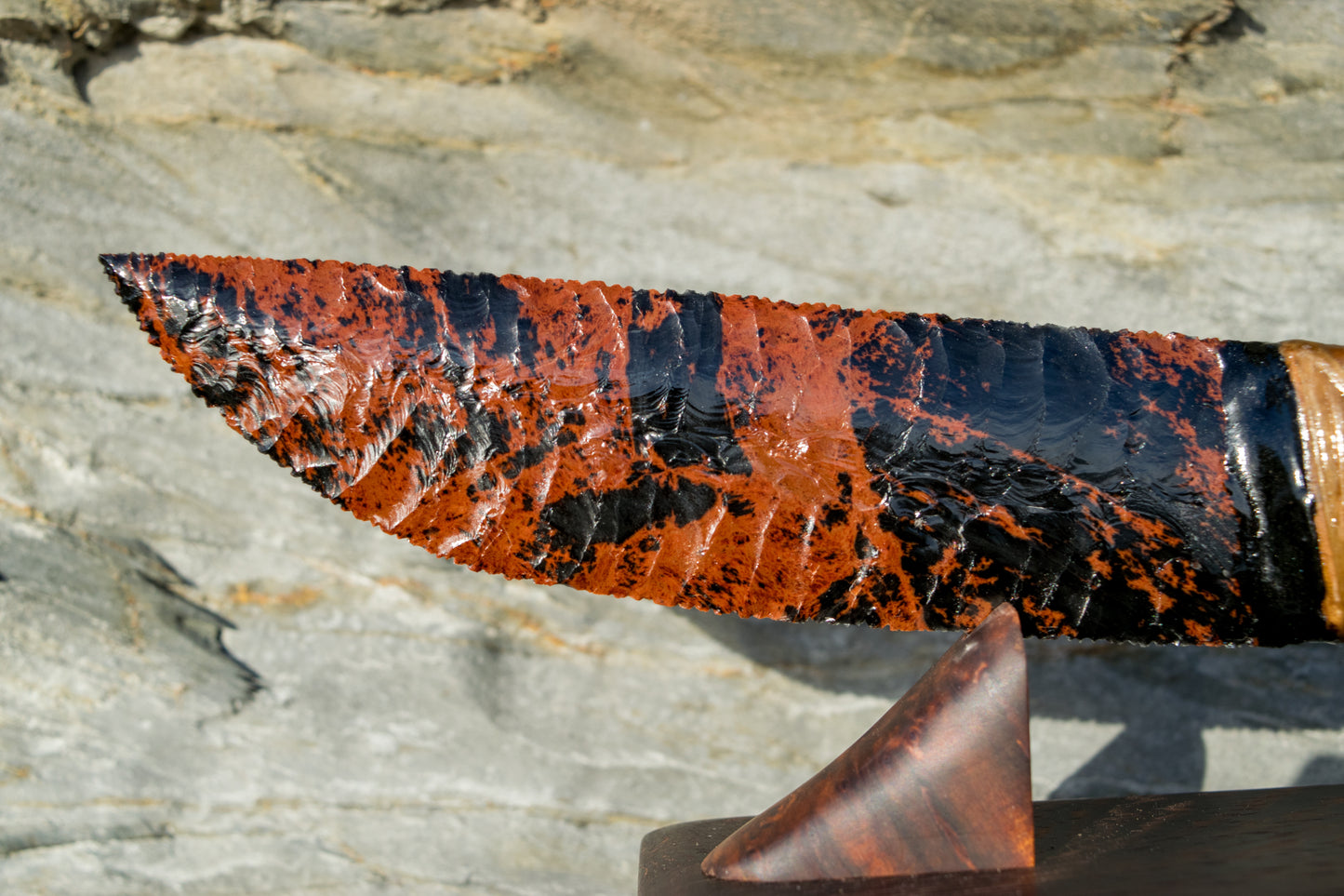 Bowman Lithics Signature Knife #011 – Oregon Mahogany Obsidian Straight Back Blade with Oak, Maple & Burl Handle
