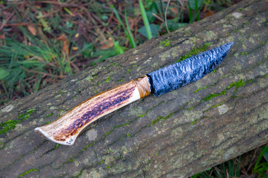Bowman Lithics Signature Knife #007 – Rainbow Obsidian Straight Back Blade with Red Deer Antler Handle