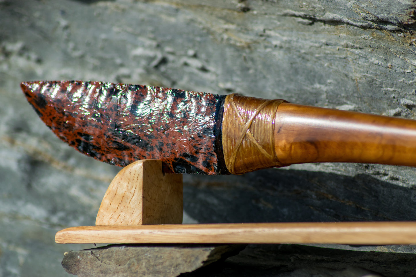Bowman Lithics Signature Knife #018 – Mahogany Obsidian with Wych Elm, Walnut & Cocobolo Handle